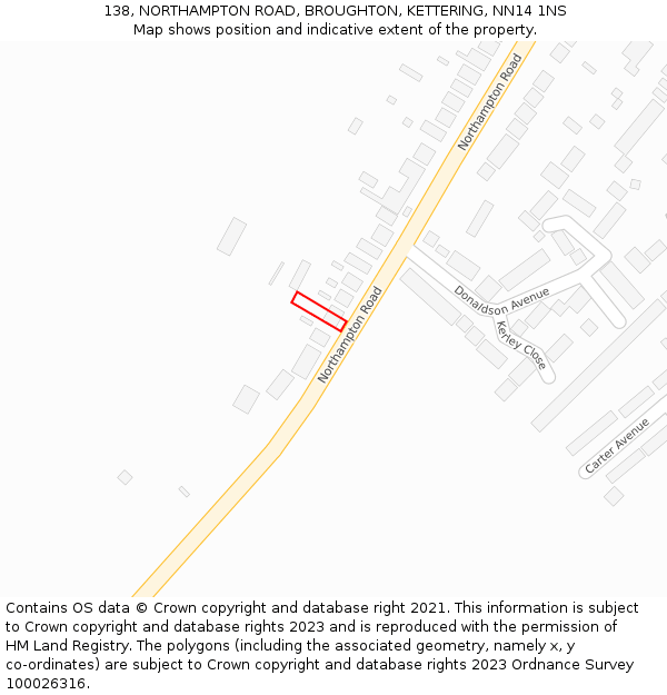 138, NORTHAMPTON ROAD, BROUGHTON, KETTERING, NN14 1NS: Location map and indicative extent of plot