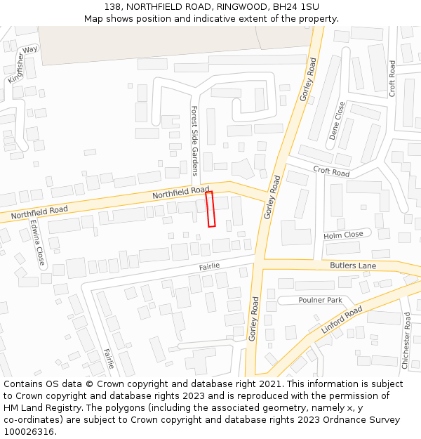 138, NORTHFIELD ROAD, RINGWOOD, BH24 1SU: Location map and indicative extent of plot