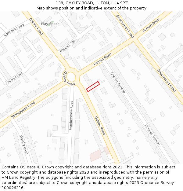 138, OAKLEY ROAD, LUTON, LU4 9PZ: Location map and indicative extent of plot