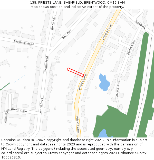 138, PRIESTS LANE, SHENFIELD, BRENTWOOD, CM15 8HN: Location map and indicative extent of plot