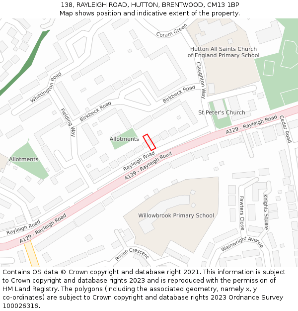 138, RAYLEIGH ROAD, HUTTON, BRENTWOOD, CM13 1BP: Location map and indicative extent of plot