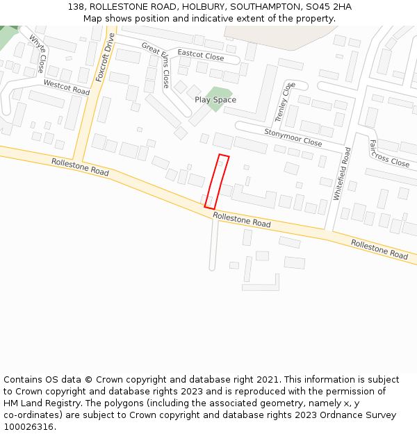 138, ROLLESTONE ROAD, HOLBURY, SOUTHAMPTON, SO45 2HA: Location map and indicative extent of plot