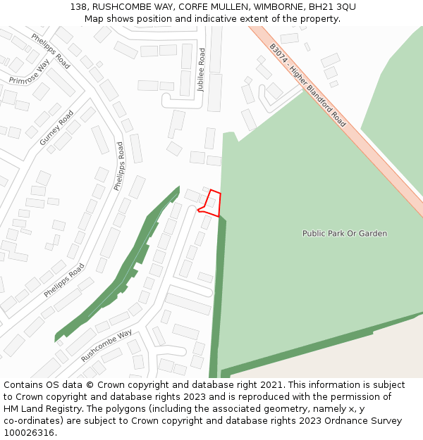 138, RUSHCOMBE WAY, CORFE MULLEN, WIMBORNE, BH21 3QU: Location map and indicative extent of plot