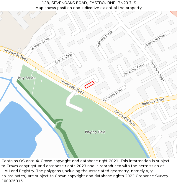 138, SEVENOAKS ROAD, EASTBOURNE, BN23 7LS: Location map and indicative extent of plot