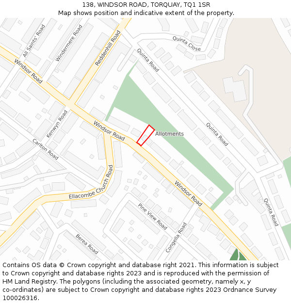 138, WINDSOR ROAD, TORQUAY, TQ1 1SR: Location map and indicative extent of plot