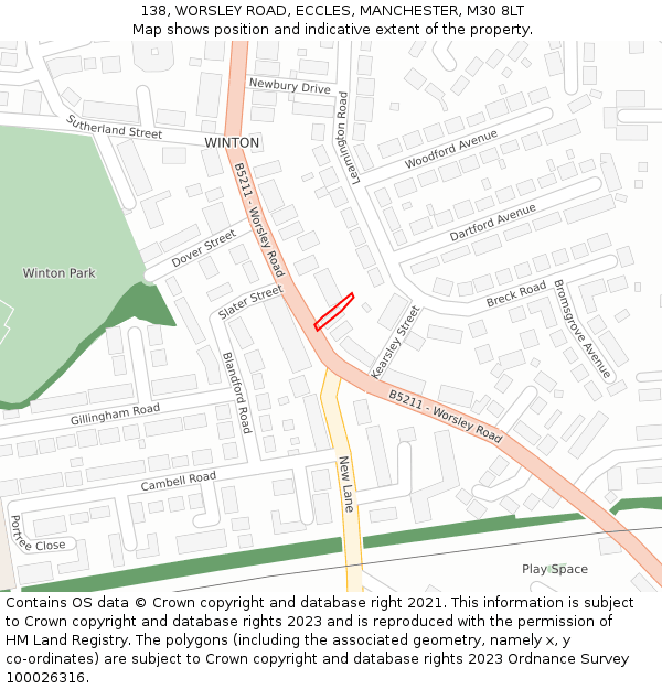 138, WORSLEY ROAD, ECCLES, MANCHESTER, M30 8LT: Location map and indicative extent of plot