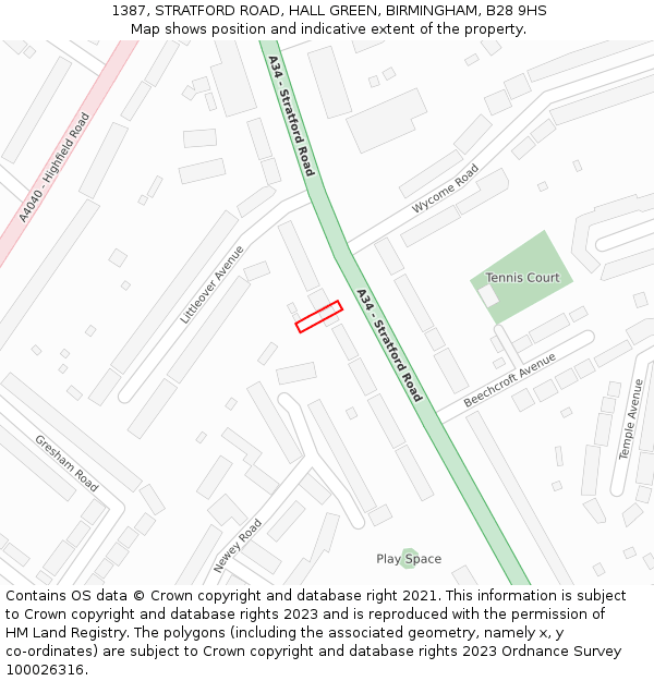 1387, STRATFORD ROAD, HALL GREEN, BIRMINGHAM, B28 9HS: Location map and indicative extent of plot