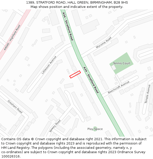 1389, STRATFORD ROAD, HALL GREEN, BIRMINGHAM, B28 9HS: Location map and indicative extent of plot