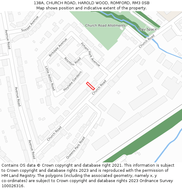 138A, CHURCH ROAD, HAROLD WOOD, ROMFORD, RM3 0SB: Location map and indicative extent of plot