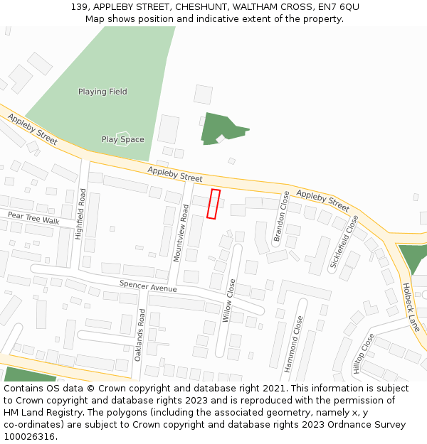 139, APPLEBY STREET, CHESHUNT, WALTHAM CROSS, EN7 6QU: Location map and indicative extent of plot