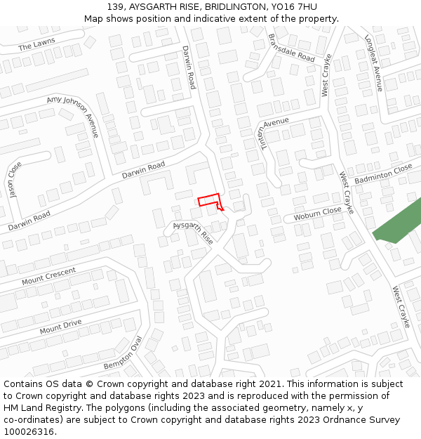 139, AYSGARTH RISE, BRIDLINGTON, YO16 7HU: Location map and indicative extent of plot