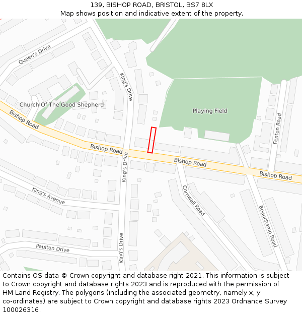139, BISHOP ROAD, BRISTOL, BS7 8LX: Location map and indicative extent of plot