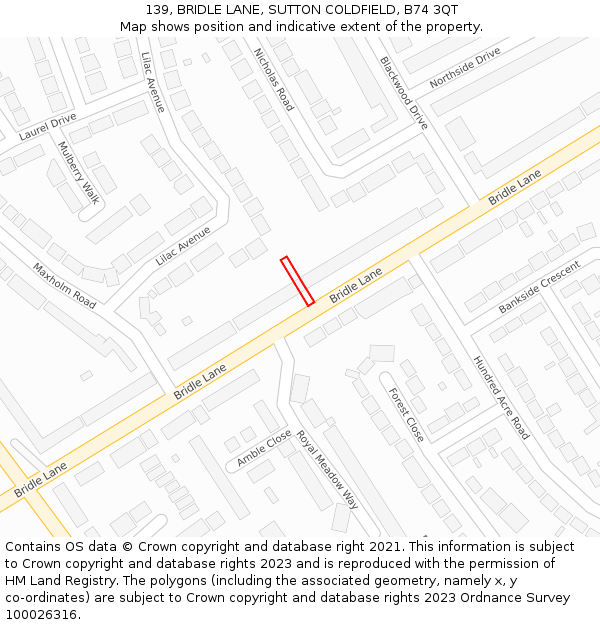 139, BRIDLE LANE, SUTTON COLDFIELD, B74 3QT: Location map and indicative extent of plot