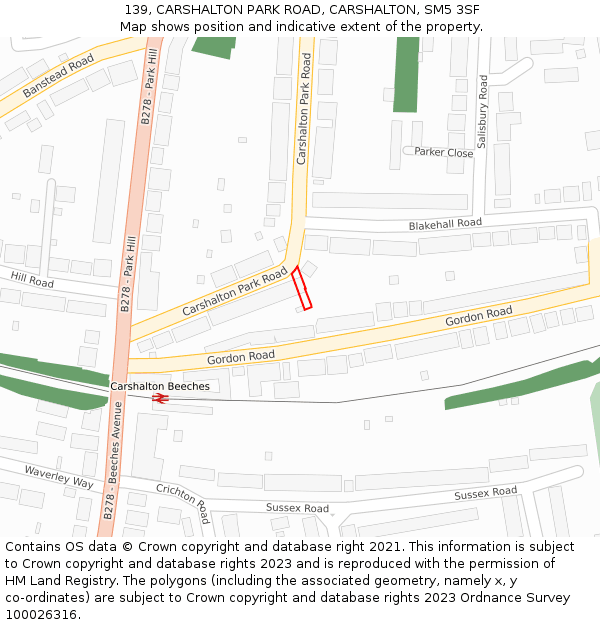 139, CARSHALTON PARK ROAD, CARSHALTON, SM5 3SF: Location map and indicative extent of plot