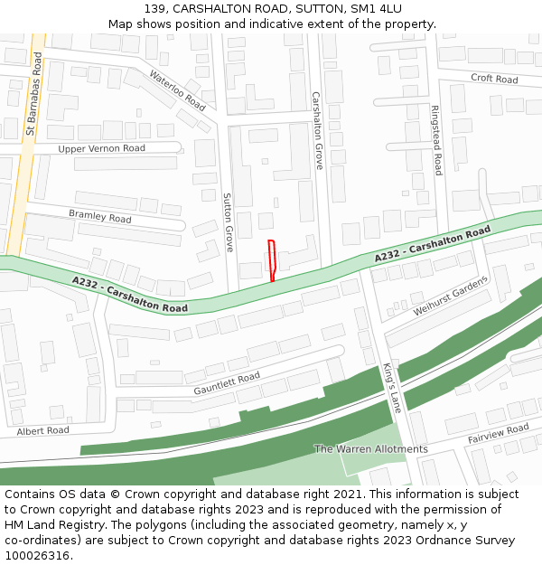 139, CARSHALTON ROAD, SUTTON, SM1 4LU: Location map and indicative extent of plot