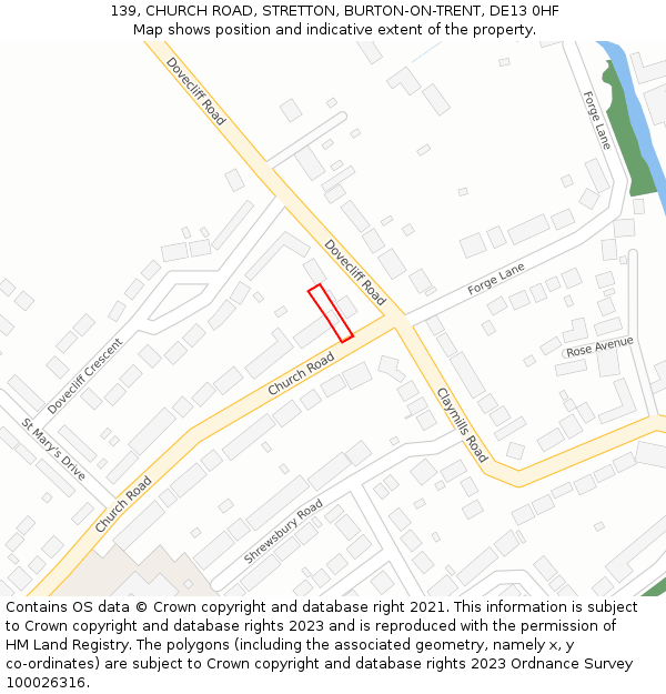 139, CHURCH ROAD, STRETTON, BURTON-ON-TRENT, DE13 0HF: Location map and indicative extent of plot