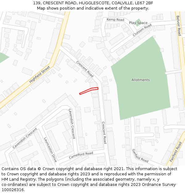 139, CRESCENT ROAD, HUGGLESCOTE, COALVILLE, LE67 2BF: Location map and indicative extent of plot