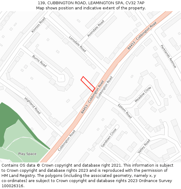 139, CUBBINGTON ROAD, LEAMINGTON SPA, CV32 7AP: Location map and indicative extent of plot