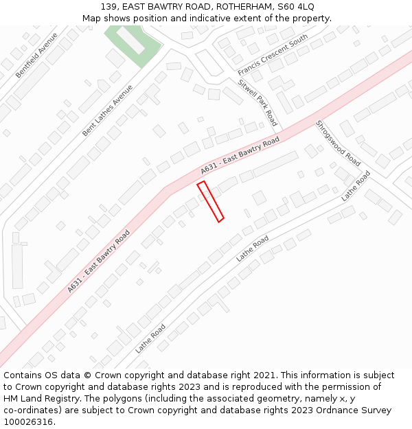 139, EAST BAWTRY ROAD, ROTHERHAM, S60 4LQ: Location map and indicative extent of plot