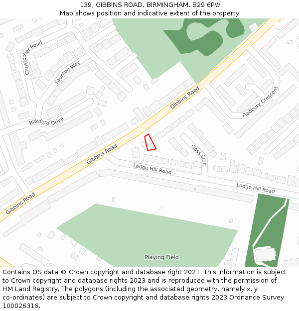 139, GIBBINS ROAD, BIRMINGHAM, B29 6PW: Location map and indicative extent of plot