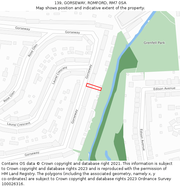 139, GORSEWAY, ROMFORD, RM7 0SA: Location map and indicative extent of plot