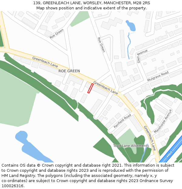 139, GREENLEACH LANE, WORSLEY, MANCHESTER, M28 2RS: Location map and indicative extent of plot