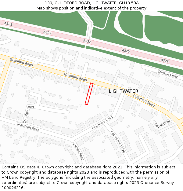 139, GUILDFORD ROAD, LIGHTWATER, GU18 5RA: Location map and indicative extent of plot