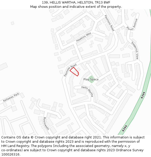 139, HELLIS WARTHA, HELSTON, TR13 8WF: Location map and indicative extent of plot