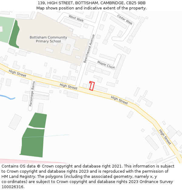 139, HIGH STREET, BOTTISHAM, CAMBRIDGE, CB25 9BB: Location map and indicative extent of plot