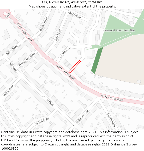 139, HYTHE ROAD, ASHFORD, TN24 8PN: Location map and indicative extent of plot