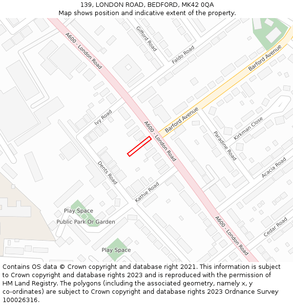 139, LONDON ROAD, BEDFORD, MK42 0QA: Location map and indicative extent of plot