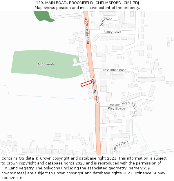 139, MAIN ROAD, BROOMFIELD, CHELMSFORD, CM1 7DJ: Location map and indicative extent of plot