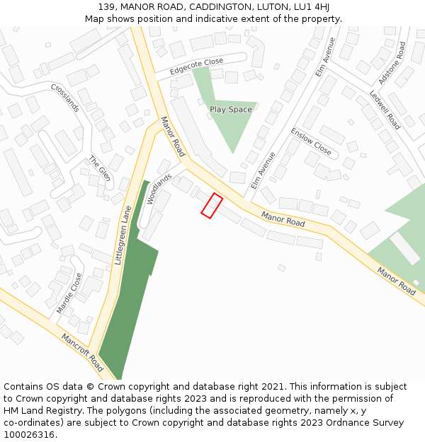 139, MANOR ROAD, CADDINGTON, LUTON, LU1 4HJ: Location map and indicative extent of plot