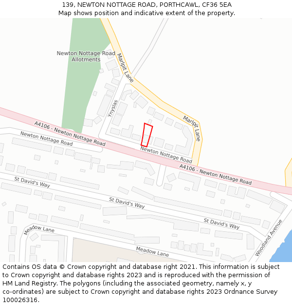 139, NEWTON NOTTAGE ROAD, PORTHCAWL, CF36 5EA: Location map and indicative extent of plot