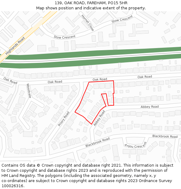 139, OAK ROAD, FAREHAM, PO15 5HR: Location map and indicative extent of plot