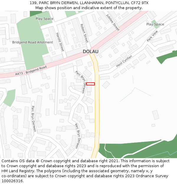 139, PARC BRYN DERWEN, LLANHARAN, PONTYCLUN, CF72 9TX: Location map and indicative extent of plot