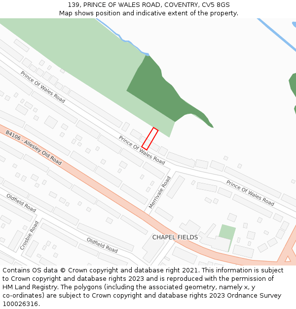 139, PRINCE OF WALES ROAD, COVENTRY, CV5 8GS: Location map and indicative extent of plot