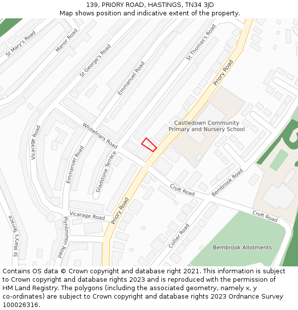 139, PRIORY ROAD, HASTINGS, TN34 3JD: Location map and indicative extent of plot