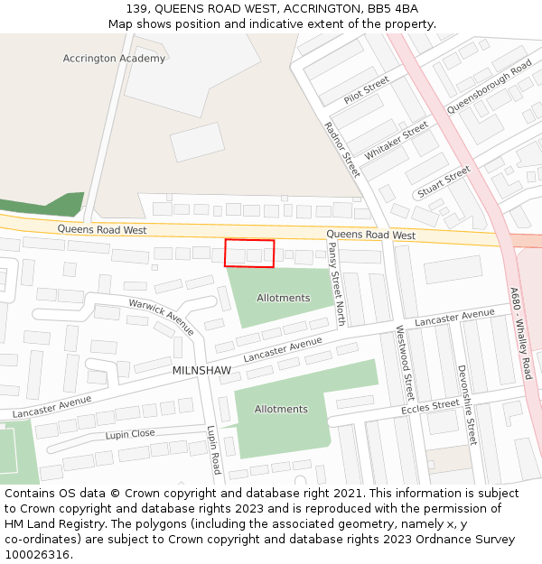 139, QUEENS ROAD WEST, ACCRINGTON, BB5 4BA: Location map and indicative extent of plot