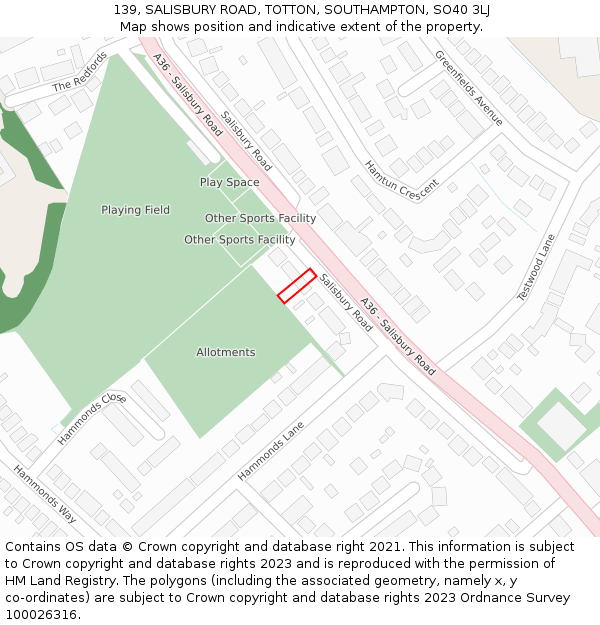 139, SALISBURY ROAD, TOTTON, SOUTHAMPTON, SO40 3LJ: Location map and indicative extent of plot