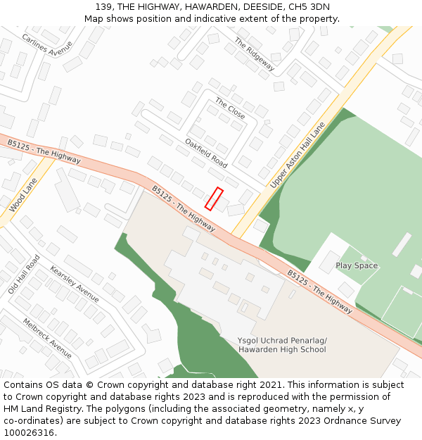 139, THE HIGHWAY, HAWARDEN, DEESIDE, CH5 3DN: Location map and indicative extent of plot