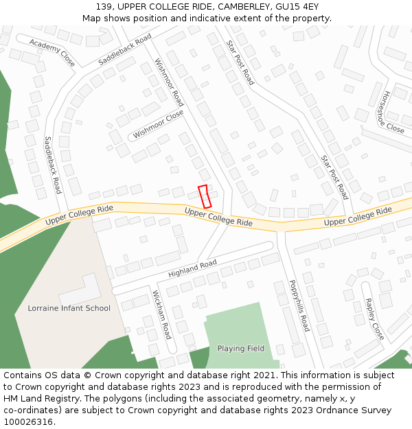 139, UPPER COLLEGE RIDE, CAMBERLEY, GU15 4EY: Location map and indicative extent of plot