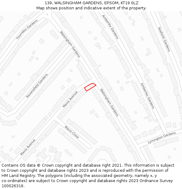 139, WALSINGHAM GARDENS, EPSOM, KT19 0LZ: Location map and indicative extent of plot