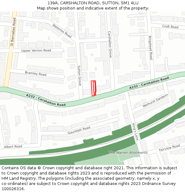 139A, CARSHALTON ROAD, SUTTON, SM1 4LU: Location map and indicative extent of plot