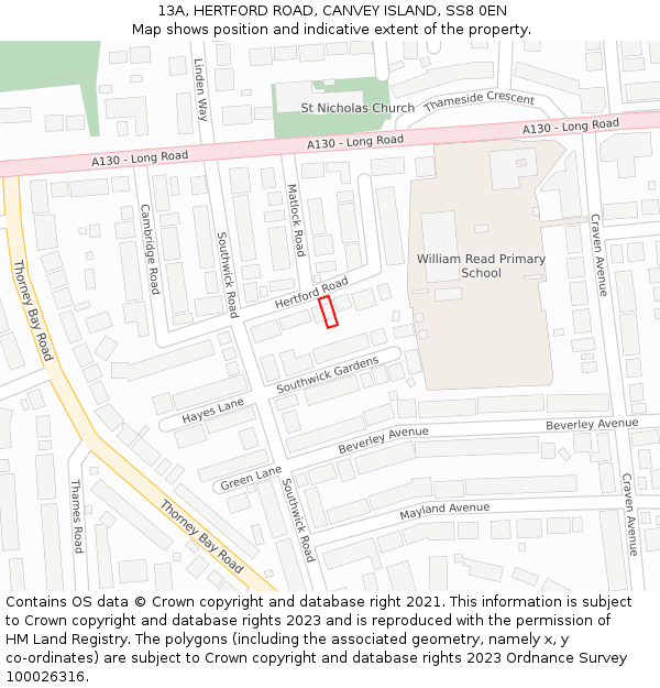13A, HERTFORD ROAD, CANVEY ISLAND, SS8 0EN: Location map and indicative extent of plot