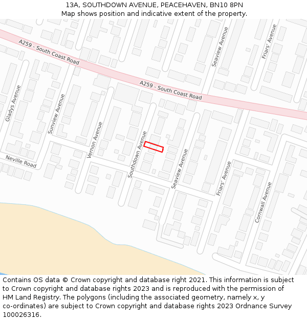 13A, SOUTHDOWN AVENUE, PEACEHAVEN, BN10 8PN: Location map and indicative extent of plot