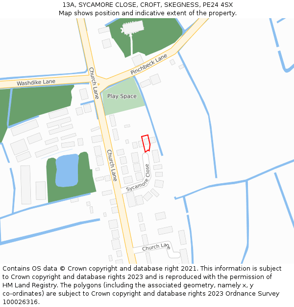 13A, SYCAMORE CLOSE, CROFT, SKEGNESS, PE24 4SX: Location map and indicative extent of plot