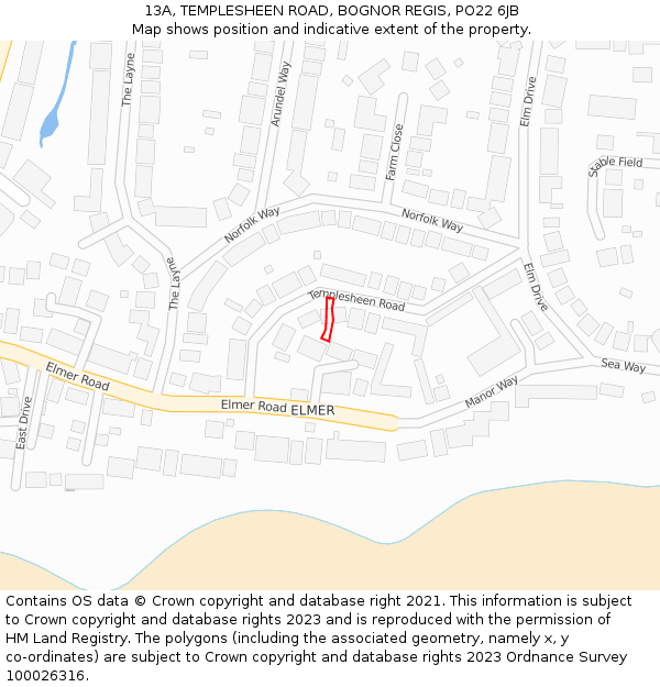 13A, TEMPLESHEEN ROAD, BOGNOR REGIS, PO22 6JB: Location map and indicative extent of plot