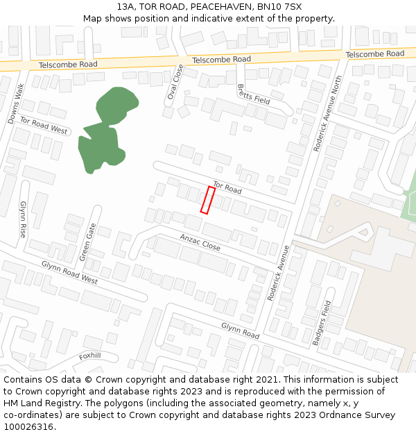 13A, TOR ROAD, PEACEHAVEN, BN10 7SX: Location map and indicative extent of plot