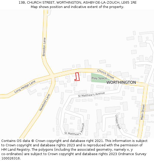 13B, CHURCH STREET, WORTHINGTON, ASHBY-DE-LA-ZOUCH, LE65 1RE: Location map and indicative extent of plot